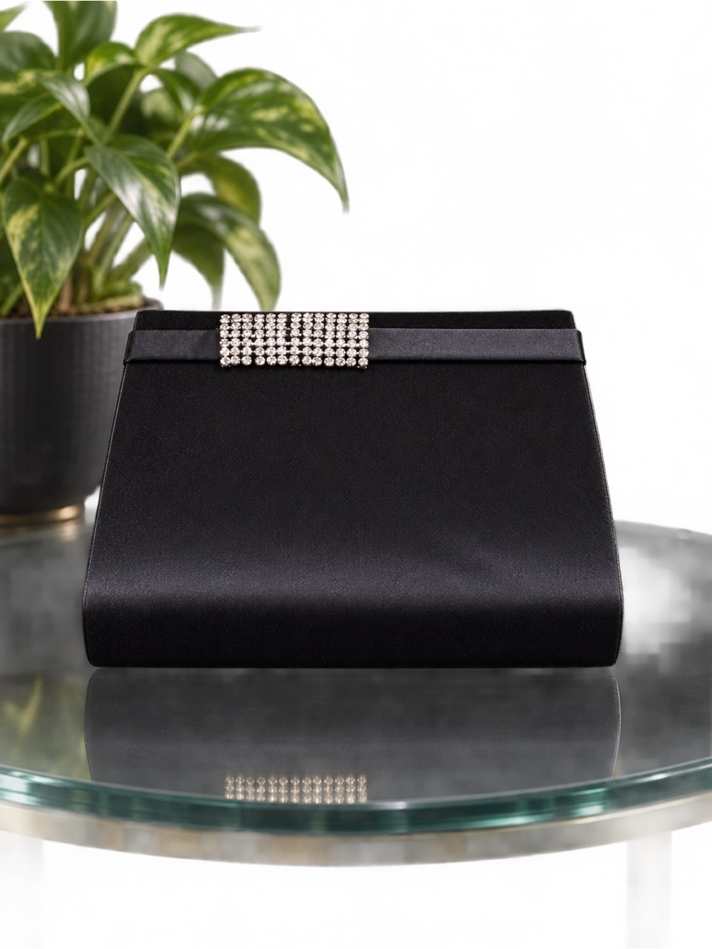 Elegant Black Satin Evening Clutch with Crystal Accent